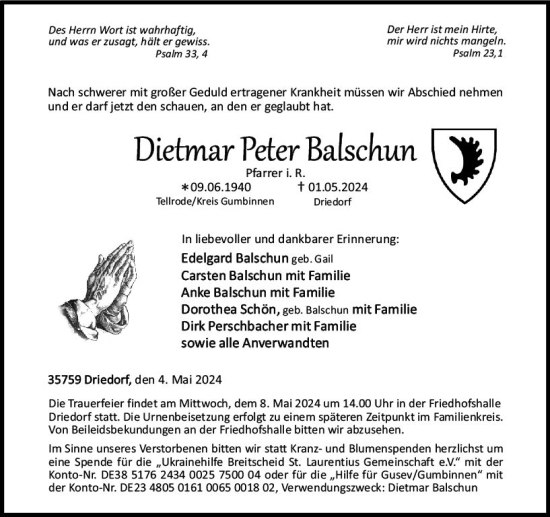 Traueranzeige von Dietmar Peter Balschun von Dill Block
