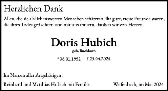 Traueranzeige von Doris Hubich von Hinterländer Anzeiger