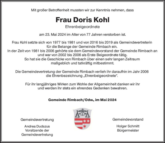 Traueranzeige von Doris Kohl von Starkenburger Echo