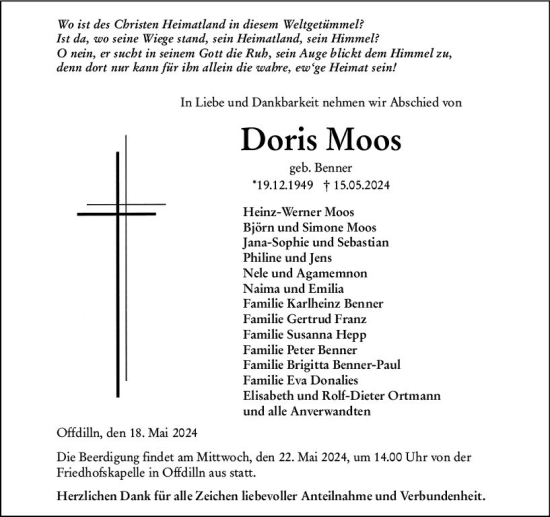 Traueranzeige von Doris Moos von Dill Block