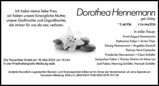 Traueranzeige von Dorothea Hennemann von Weilburger Tageblatt
