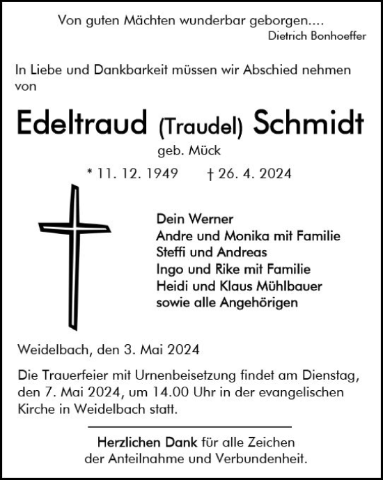 Traueranzeige von Edeltraud  Schmidt von Dill Block