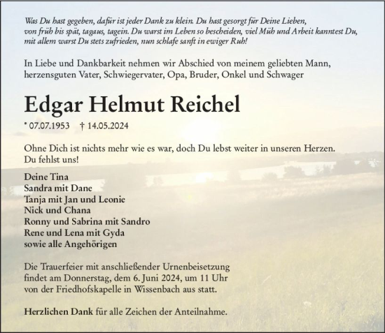 Traueranzeige von Edgar Helmut Reichel von Dill Block