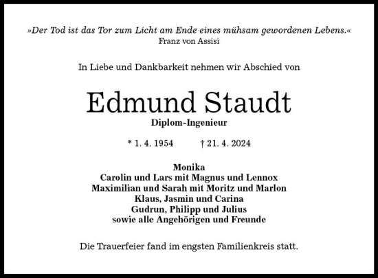 Traueranzeige von Edmund Staudt von Weilburger Tageblatt