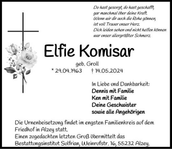 Traueranzeige von Elfie Komisar von Allgemeine Zeitung Alzey