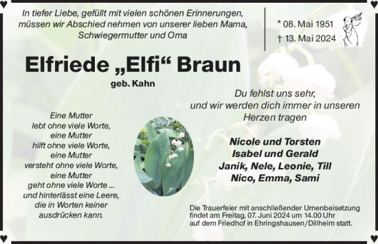 Traueranzeige von Elfriede Braun von Wetzlarer Neue Zeitung