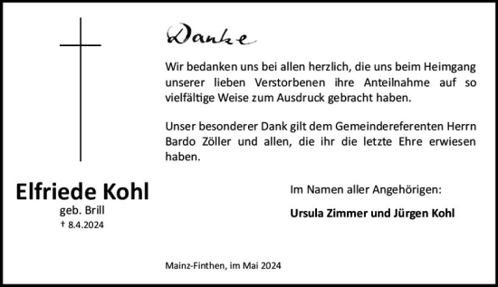 Traueranzeige von Elfriede Kohl von Allgemeine Zeitung Mainz