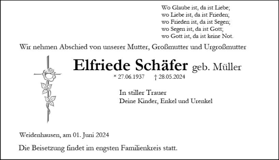 Traueranzeige von Elfriede Schäfer von Hinterländer Anzeiger