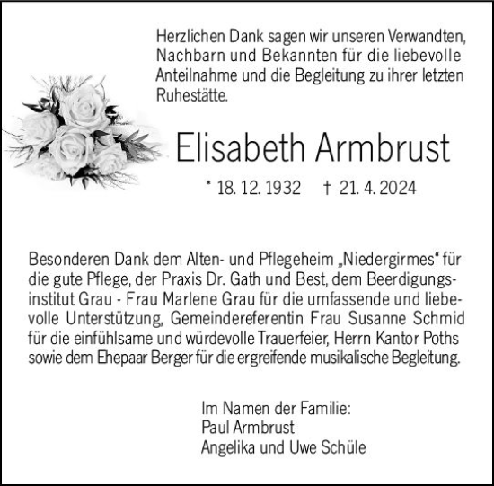 Traueranzeige von Elisabeth Armbrust von Wetzlarer Neue Zeitung