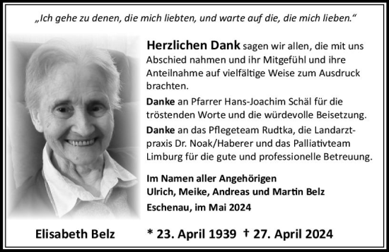 Traueranzeige von Elisabeth Belz von Weilburger Tageblatt