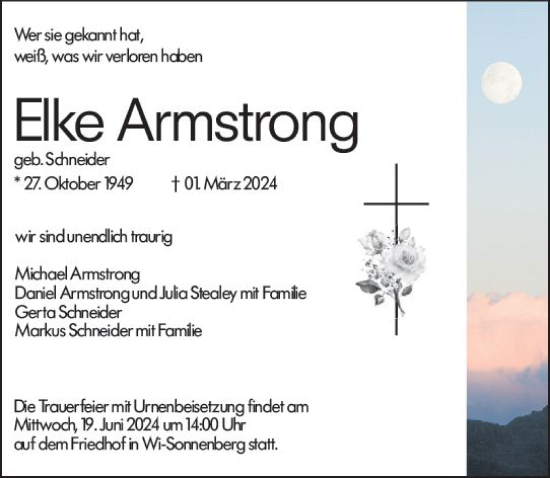 Traueranzeige von Elke Armstrong von Wiesbadener Kurier