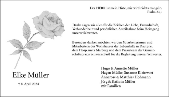 Traueranzeige von Elke Müller von Hinterländer Anzeiger