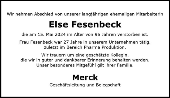 Traueranzeige von Else Fesenbeck von Darmstädter Echo