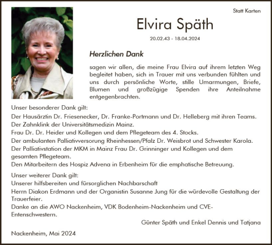 Traueranzeige von Elvira Späth von Allgemeine Zeitung Mainz