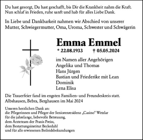 Traueranzeige von Emma Emmel von Wetzlarer Neue Zeitung