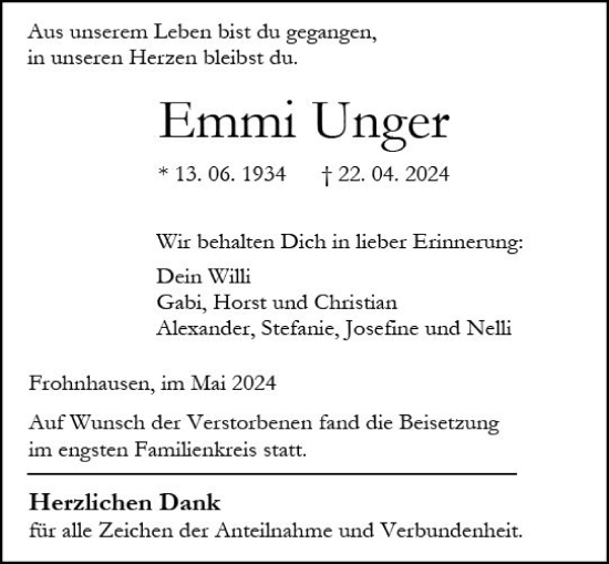 Traueranzeige von Emmi Unger von Dill Block