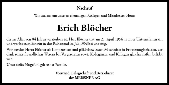 Traueranzeige von Erich Blöcher von Hinterländer Anzeiger