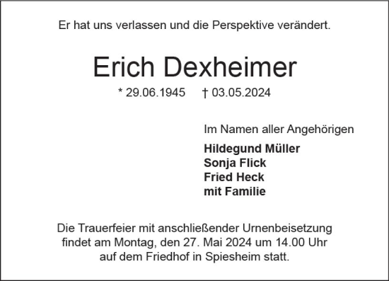 Traueranzeige von Erich Dexheimer von Allgemeine Zeitung Alzey