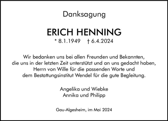 Traueranzeige von Erich Henning von Allgemeine Zeitung Bad Kreuznach