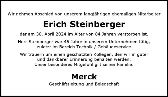Traueranzeige von Erich Steinberger von Darmstädter Echo