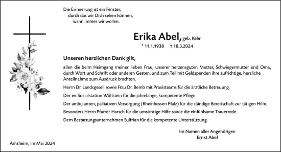 Traueranzeige von Erika Abel von Allgemeine Zeitung Alzey