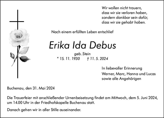 Traueranzeige von Erika Ida Debus von Hinterländer Anzeiger