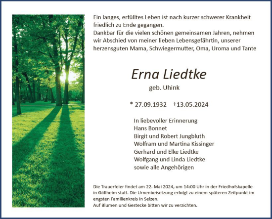 Traueranzeige von Erna Liedtke von Allgemeine Zeitung Mainz