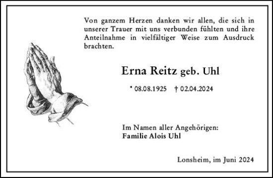 Traueranzeige von Erna Reitz von Rüsselsheimer Echo