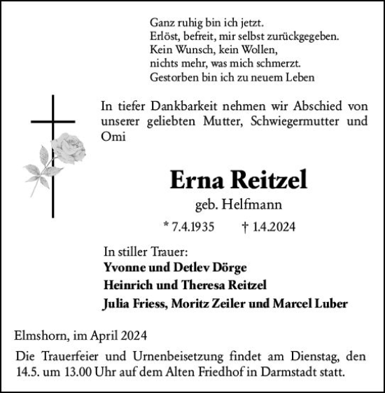 Traueranzeige von Erna Reitzel von Darmstädter Echo