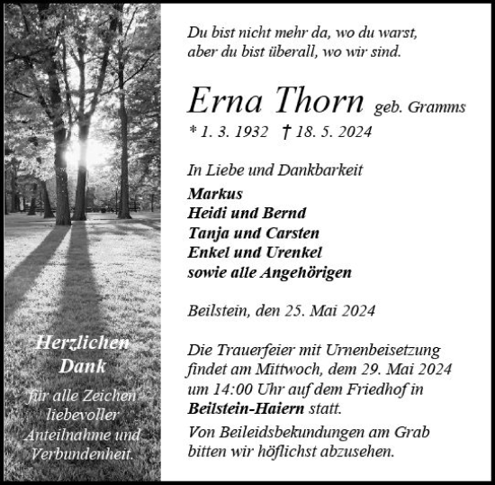 Traueranzeige von Erna Thorn von Dill Block