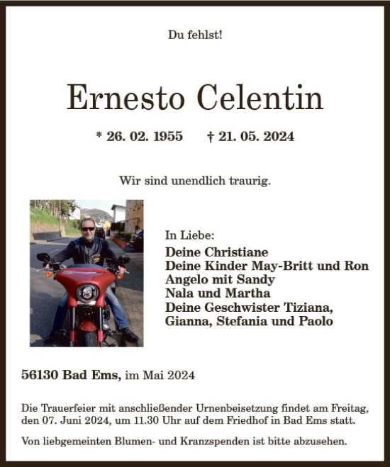 Traueranzeige von Ernesto Celentin von Nassauische Neue Presse