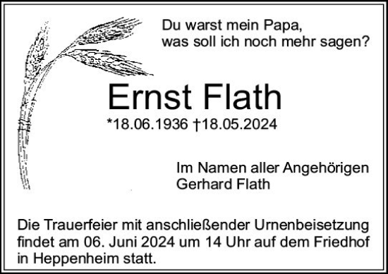 Traueranzeige von Ernst Flath von Starkenburger Echo