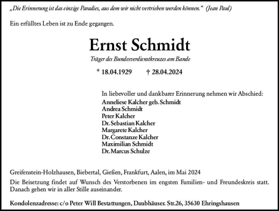 Traueranzeige von Ernst Schmidt von Wetzlarer Neue Zeitung