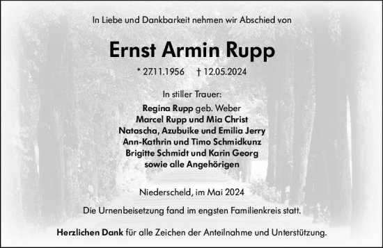 Traueranzeige von Ernst Armin Rupp von Dill Block