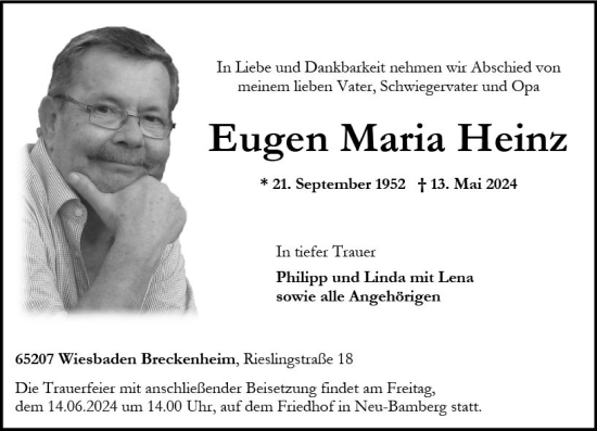 Traueranzeige von Eugen Maria Heinz von Wiesbadener Kurier