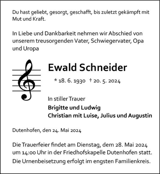 Traueranzeige von Ewald Schneider von Wetzlarer Neue Zeitung