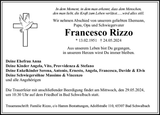 Traueranzeige von Francesco Rizzo von Wiesbadener Kurier