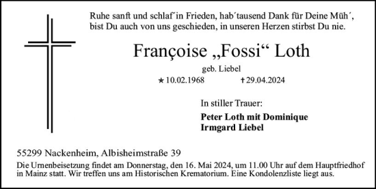 Traueranzeige von Franoise  Loth von Allgemeine Zeitung Mainz