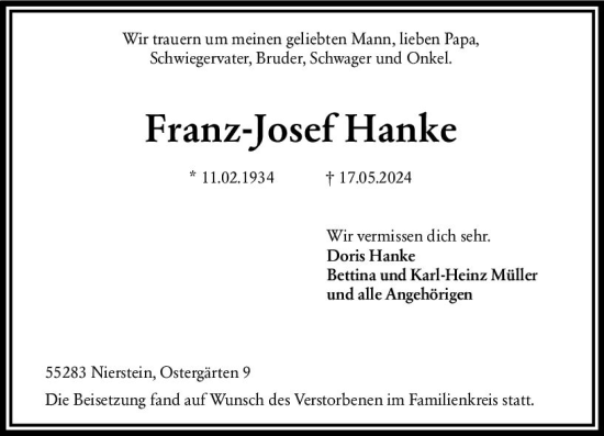 Traueranzeige von Franz-Josef Hanke von Allgemeine Zeitung Mainz