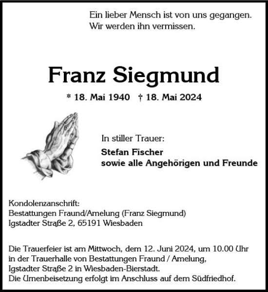 Traueranzeige von Franz Siegmund von Wiesbadener Kurier