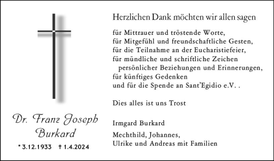 Traueranzeige von Franz Joseph Burkard von Allgemeine Zeitung Mainz