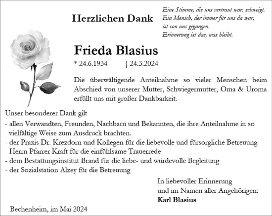 Traueranzeige von Frieda Blasius von Allgemeine Zeitung Alzey