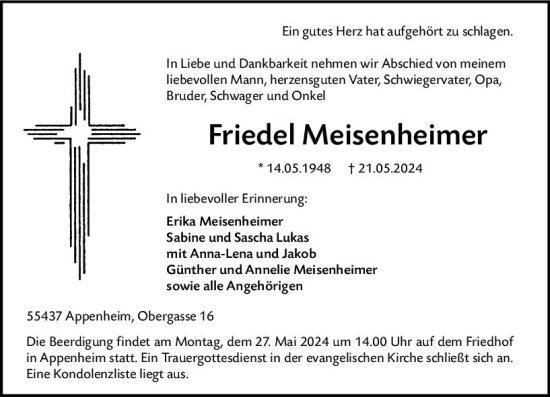Traueranzeige von Friedel Meisenheimer von Allgemeine Zeitung Bingen/Ingelheim