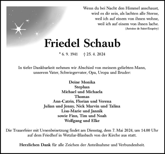 Traueranzeige von Friedel Schaub von Wetzlarer Neue Zeitung