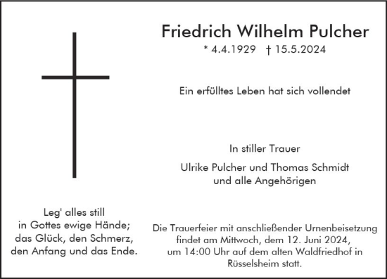 Traueranzeige von Friedrich Wilhelm Pulcher von Rüsselsheimer Echo