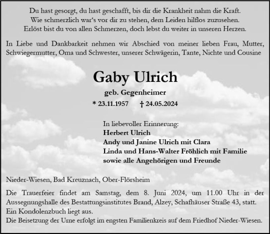 Traueranzeige von Gaby Ulrich von Allgemeine Zeitung Alzey