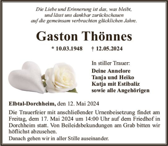 Traueranzeige von Gaston Thönnes von Nassauische Neue Presse