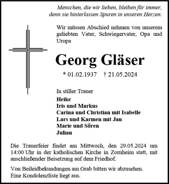Traueranzeige von Georg Gläser von Allgemeine Zeitung Mainz