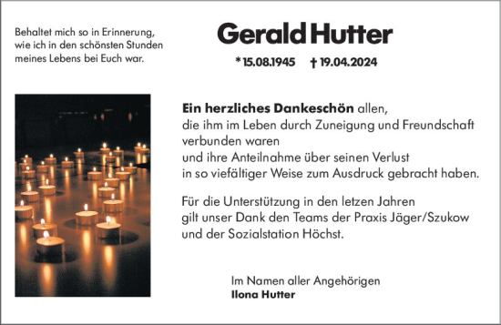 Traueranzeige von Gerald Hutter von Odenwälder Echo