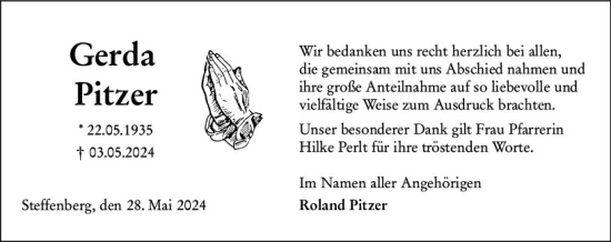 Traueranzeige von Gerda Pitzer von Hinterländer Anzeiger